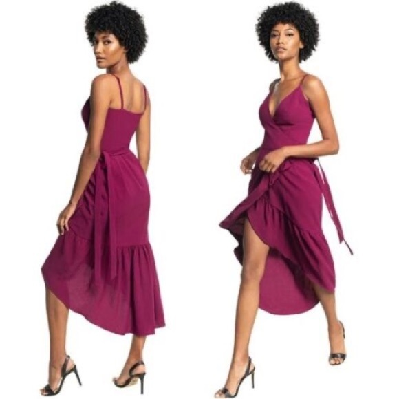 DRESS THE POPULATION Delphine Crepe Wrap Midi Dress dark magenta v neck elegant - Picture 2 of 8